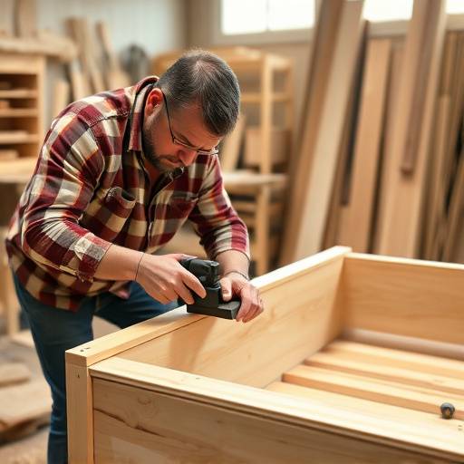 A carpenter assembling a sofa frame in a woodworking shop